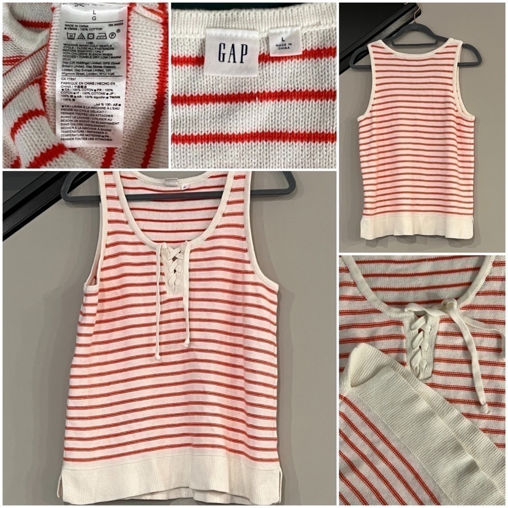 GAP (L) tank, cream and red stripe, lace-up tie at neckline. Split side hem.